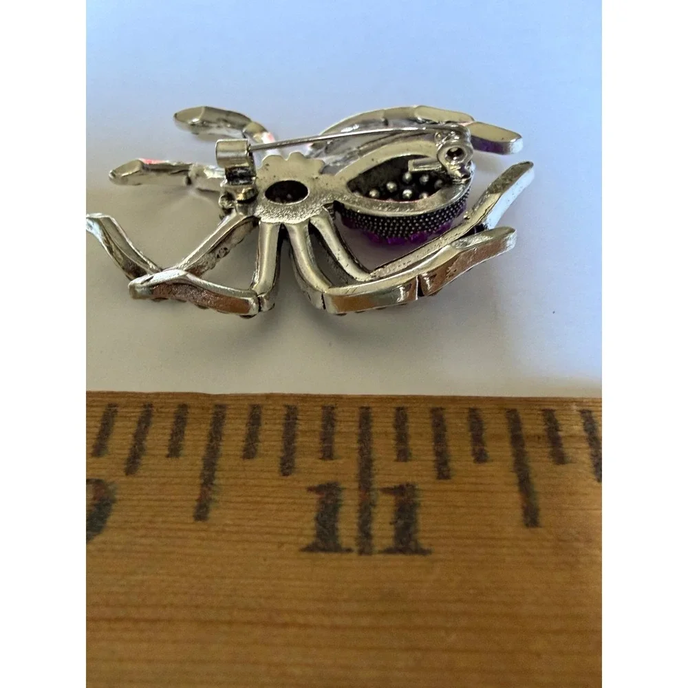 Purple and Black Rhinestone Spider Brooch Silver Tone Gothic Halloween Pin